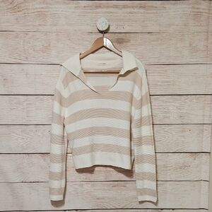 Moon & Madison Beige and White Stripe V-Neck Sweater Large